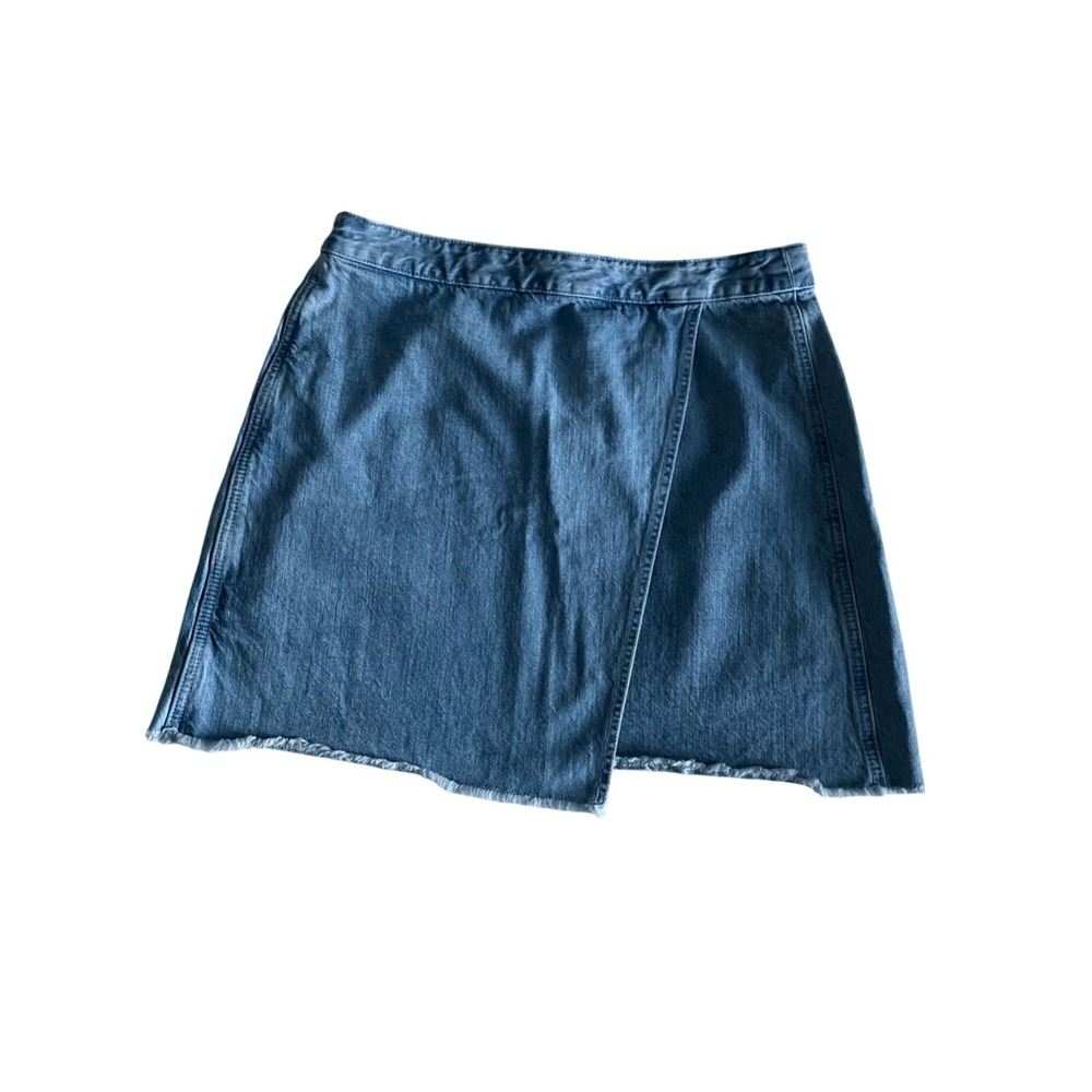 LOFT Denim Mini Skirt Womens 12 Blue Jean Raw Frayed Hem Back Zip 100% Cotton